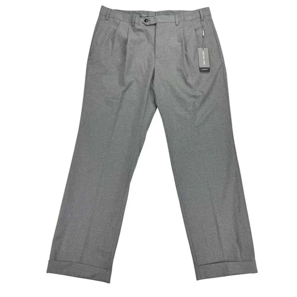 Michael Kors Mens Pleated Cuffed Solid Classic Fit Stretch Pants Gray 35x30